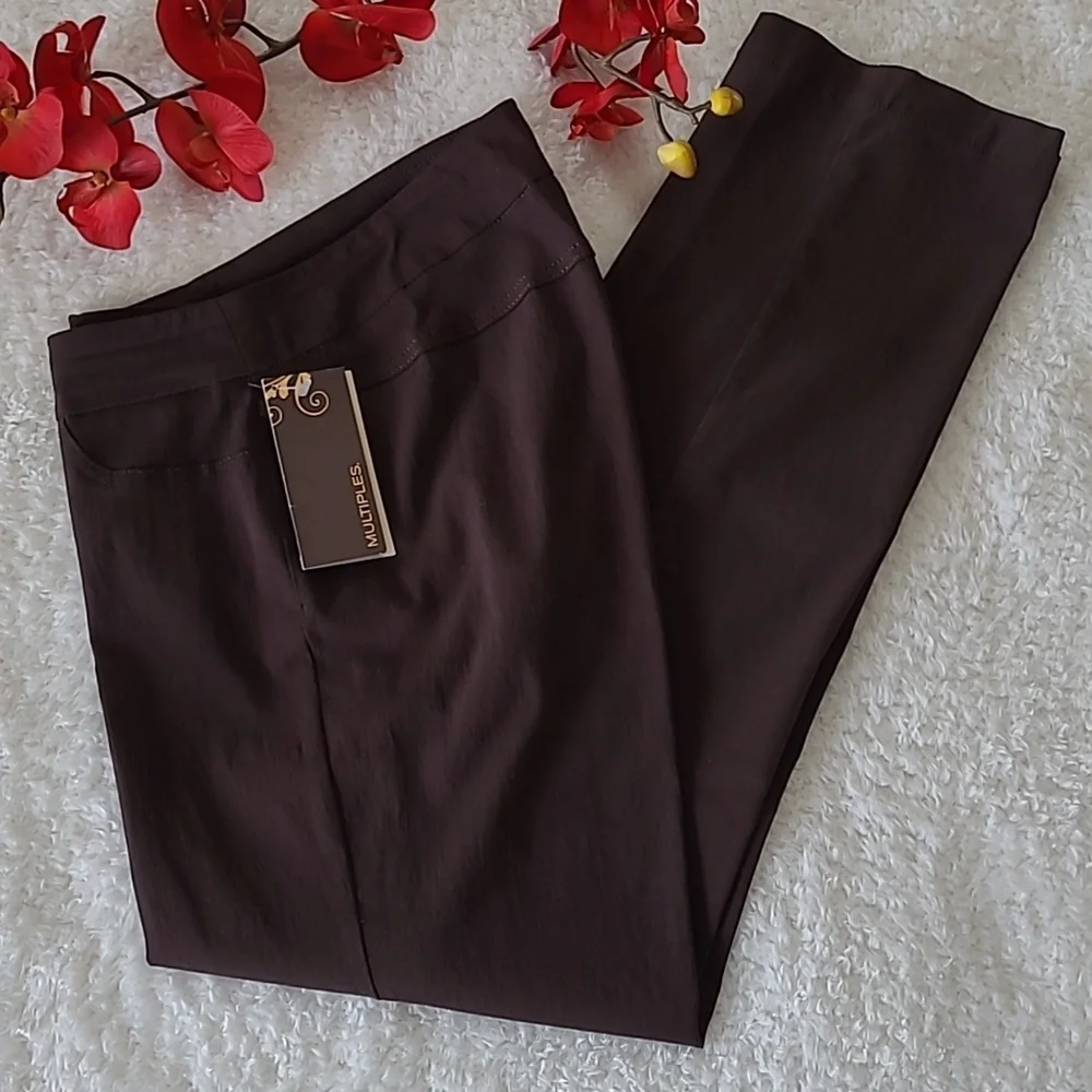 NEW Women's Pants Stretch Multiples Essential Chocolate Brown Faux Pocket Size 8 - Picture 1 of 8